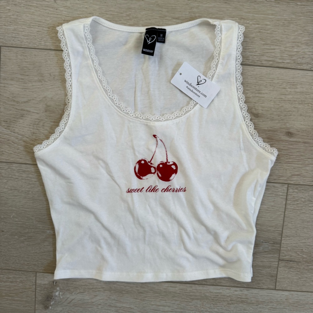 Windsor White Lace Trim Sweet Like Cherries Crop Top